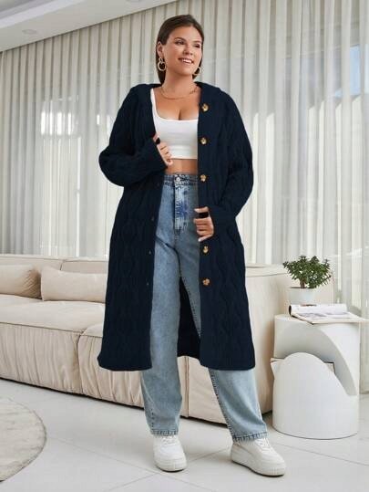 SHEIN PLUS SIZE DŁUGI SWETER ROZPINANY Z WARKOCZOWYM WZOREM 50 1KA