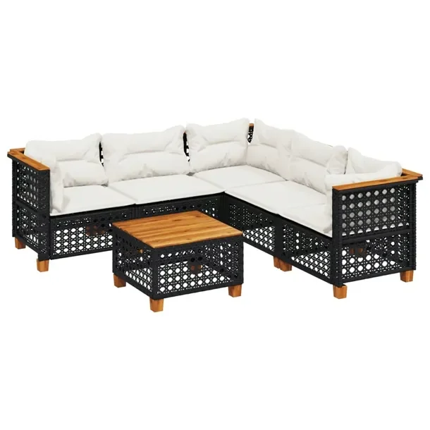 Zestaw wypoczynkowy rattan PE 6-osobowy, czarny, 63,5x63,5x62 cm, kremowe p