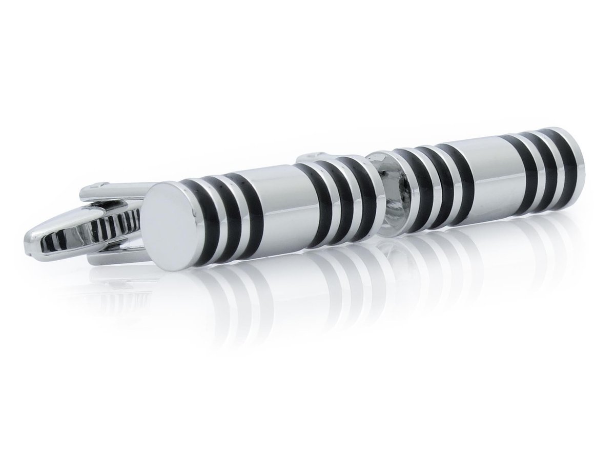 Srebrne spinki do mankietów w kształcie walca - czarne paski N150