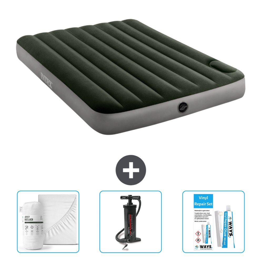 Łóżko powietrzne Intex - łóżko podwójne - 137 x 191 x 25 cm - zielone - prześcieradło - pompka i zestaw naprawczy
