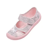 Kapcie damskie - Jasnoróżowe kapcie dziewczęce z nadrukiem kwiaty i kokardką 3D - miniaturka - grafika 1