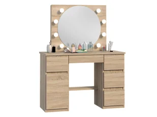 Meblowa1 toaletka z lustrem do makijażu, okrągłe lustro, OLIVIA 8 lampek LED, 5 szuflad, 1 zamykana szafka, w kolorze sonoma dąb, wymiar 120x76x45 cm. - Szafki łazienkowe - miniaturka - grafika 1