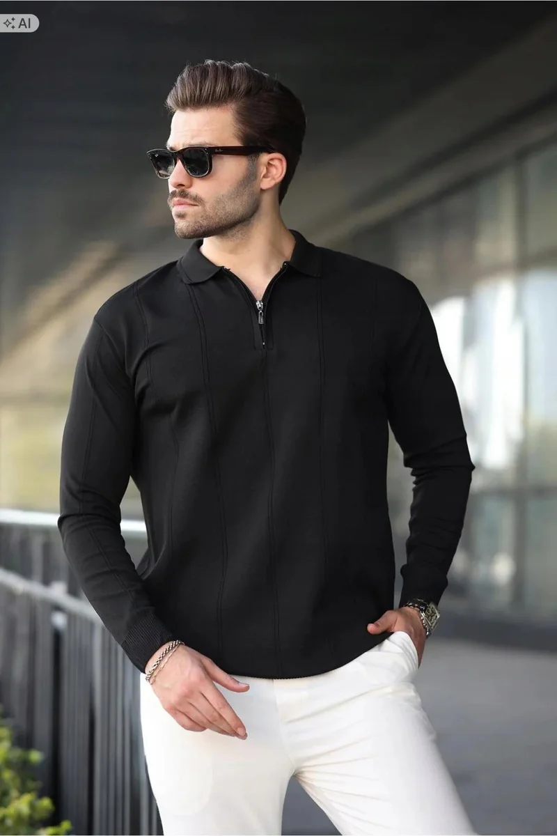 CZARNY SWETER MĘSKI PLECIONY Z ZAMKIEM ELEGANCKI M 5IA