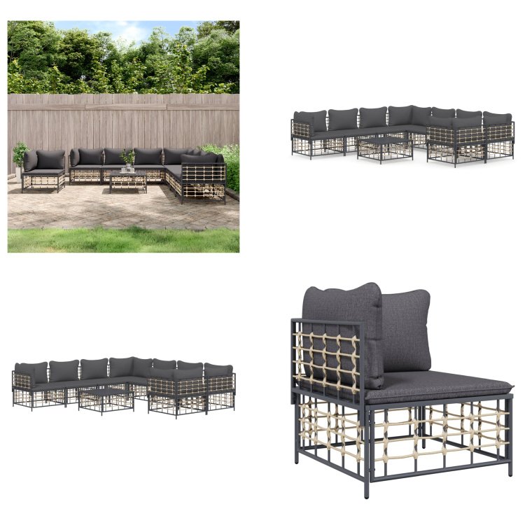 vidaXL 9-częściowy zestaw wypoczynkowy do ogrodu z poduszkami antracytowy rattan - Zestaw wypoczynkowy do ogrodu - Zestawy wypoczynkowe do ogrodu - Zestaw wypoczynkowy - Meble ogrodowe