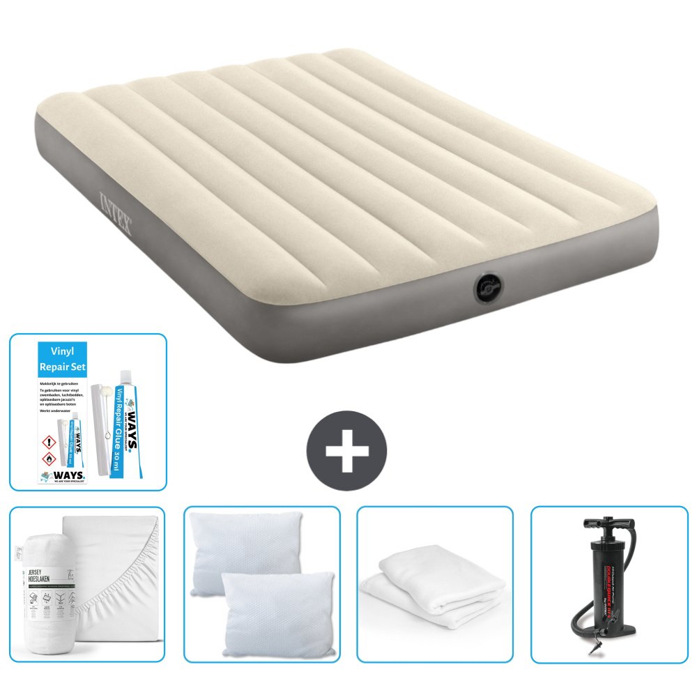 Łóżko powietrzne Intex - Łóżko podwójne - 137 x 191 x 25 cm - Beżowy - W zestawie prześcieradło - Pocałunek - Pompka - Zestaw naprawczy en Ochraniacz na poduszkę