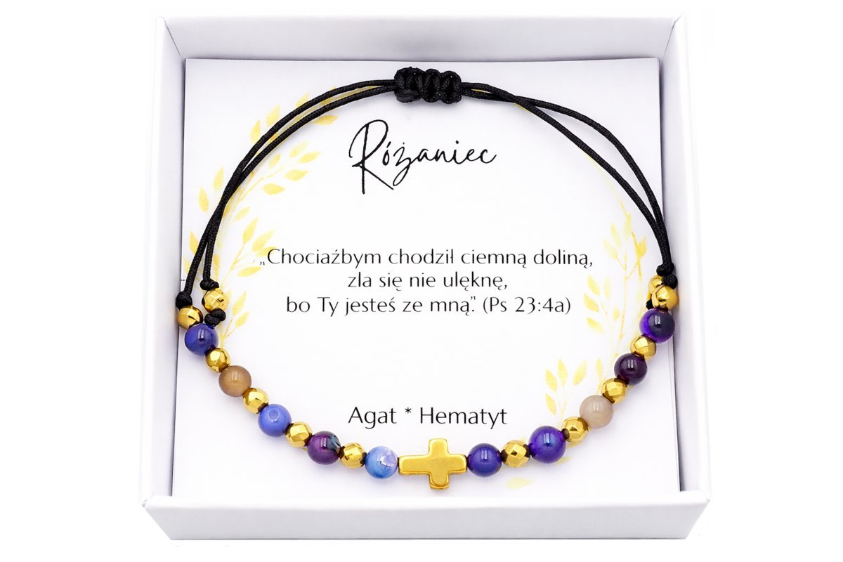 Bransoletka różaniec Agat i hematytem ręcznie robiona, prezent Komunia, Bierzmowanie