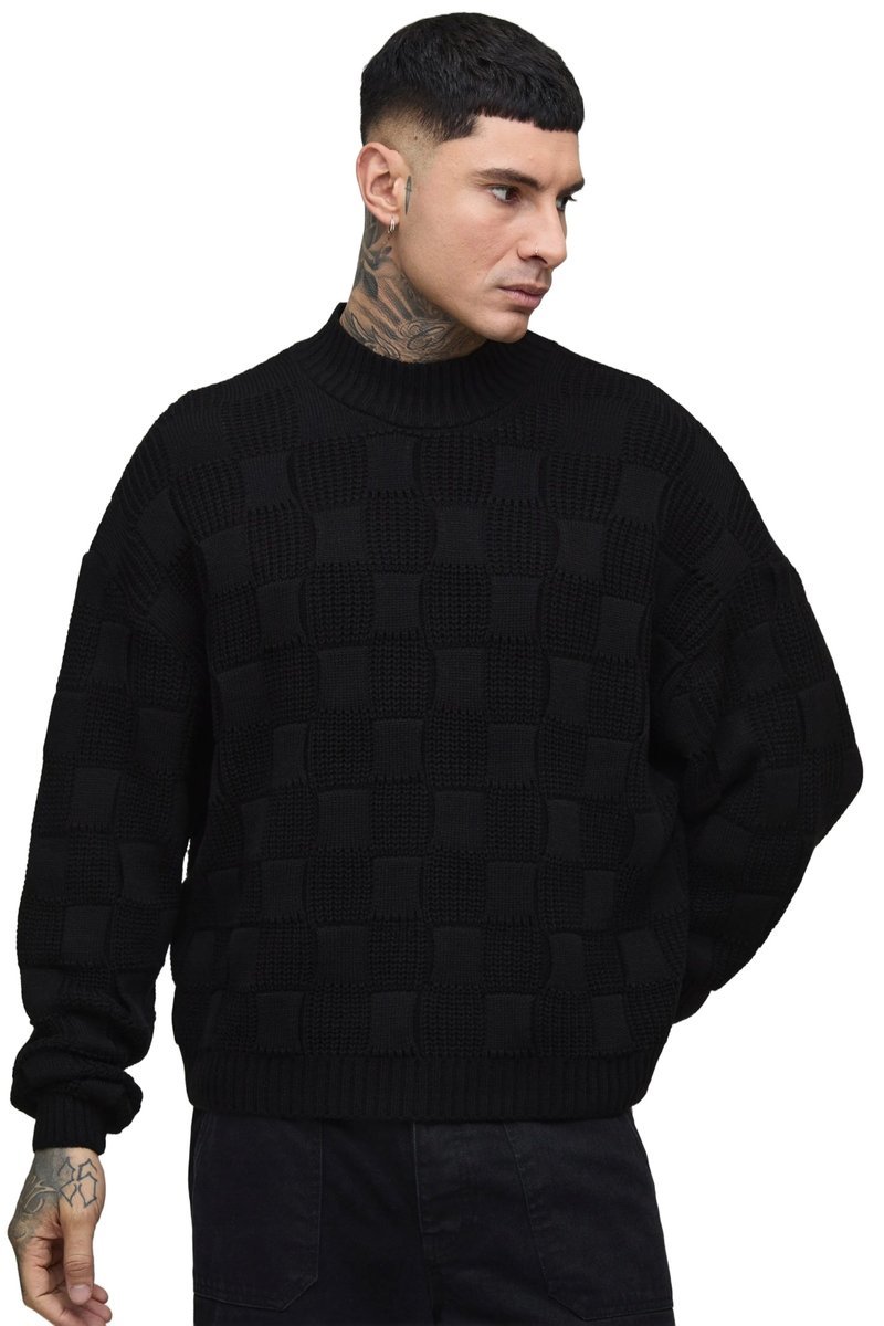 BOOHOOMAN CZARNY MĘSKI SWETER WZÓR KRATKA GOLF BEZ ZAPIĘCIA S Z3A*