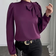 Koszule damskie - TEMU Bluzka z Elegancką Kokardką i Bufiastymi Rękawami dla Kobiet - Jednokolorowa, Możliwość Prania w Pralce na Wiosnę Jesień, Styl Biurowy Casual, - miniaturka - grafika 1