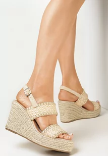Beżowe Sandały na Koturnie z Plecionką i Szerokimi Paskami Selnei - Sandały damskie - miniaturka - grafika 1