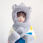 Czapki damskie - Dziecięca pluszowa czapka z szalikiem i rękawiczkami 3w1 dla dzieci w wieku od 2 do 12 lat – szara - miniaturka - grafika 1