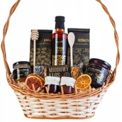 Zestawy upominkowe - Kosz prezentowy zestaw koszyk na prezent herbata kawa miód syrop karmelowy - miniaturka - grafika 1