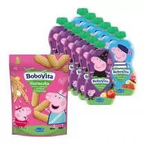 BoboVita Świnka Peppa Zestaw musów jagody i jabłka z bananem + truskawki i wiśnie z bananem + ciasteczka pszenno-orkiszowe z jabłkiem i brzoskwinią 12 x 100 g + 150 g - Przekąski dla dzieci - miniaturka - grafika 1