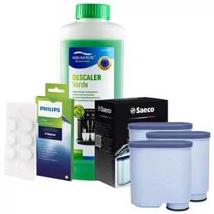 Zestaw Philips Saeco - Filtr Philips Aquaclean CA6903 3szt, Odkamieniacz Aqualogis Verde 500ml, Philips CA6704/10 Tabletki Czyszczące - Akcesoria i części do ekspresów do kawy - miniaturka - grafika 1
