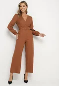 Kombinezony - Brązowy Bawełniany Kombinezon o Kopertowym Kroju z Paskiem i Gumką w Talii Mirrira - miniaturka - grafika 1
