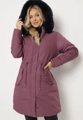 Kurtki damskie - Ciemnofioletowa Dwustronna Kurtka za Kolano z Kapturem z Futerkiem Zephyro - miniaturka - grafika 1