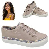 Trampki damskie - Trampki Damskie Sportowe Lee Cooper Beżowe na Platformie Wiosenne Wygodne 39 - miniaturka - grafika 1