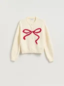 Swetry damskie - Reserved - Kardigan z kokardką - kremowy - miniaturka - grafika 1