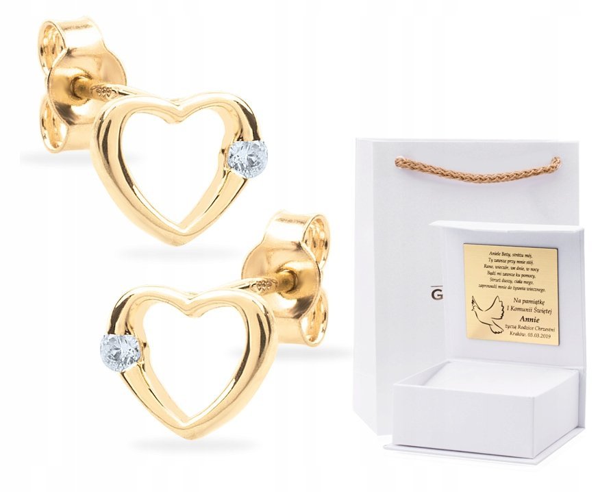 ZŁOTE KOLCZYKI SERCA DEDYKACJA KOMUNIA ŚWIĘTA 333