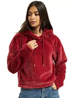 Bluzy damskie - Urban Classics Damska bluza z kapturem oversize Short Teddy Hoody z kapturem, czerwony (Burgundy 00606), M - miniaturka - grafika 1