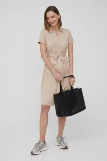 Sukienki - Calvin Klein sukienka kolor beżowy mini prosta - grafika 1