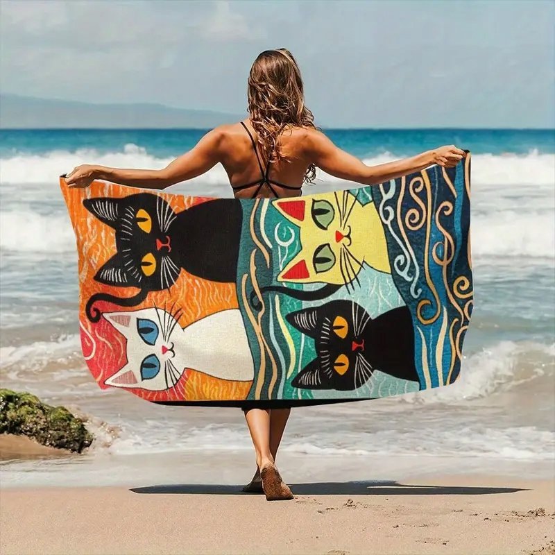 Ręcznik Plażowy 90x180 Kolorowe Koty Kotki Mikrofibra Duży Lekki na Basen