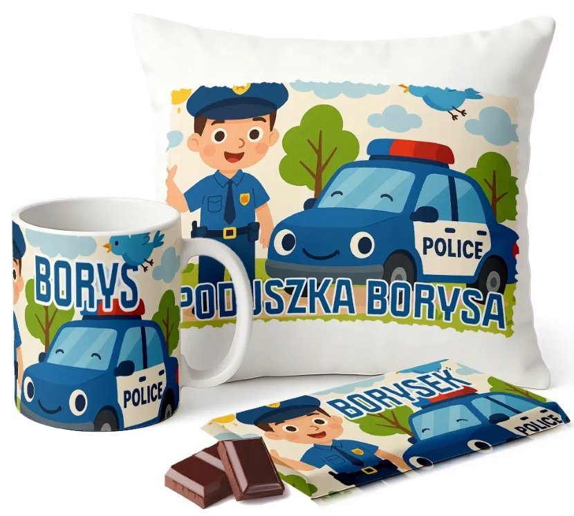 Zestaw Kubek Poduszka Czekolada z Imieniem Policjant Radiowóz Prezent