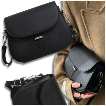 Czarna skórzana mała torebka listonoszka na ramię damska z klapą