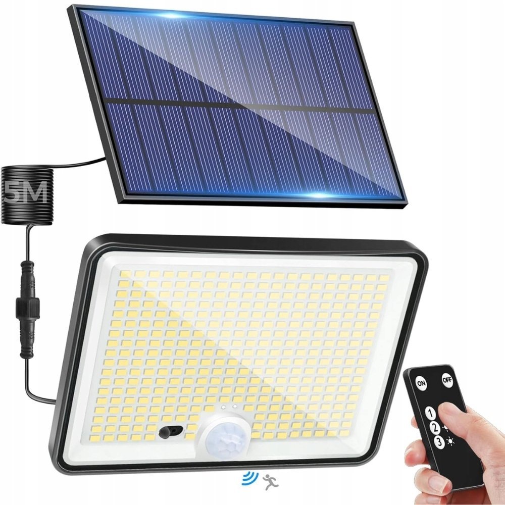 LOTMOS Lampa solarna LED z czujnikiem ruchu 342 diody, IP65, 3 tryby, pilot