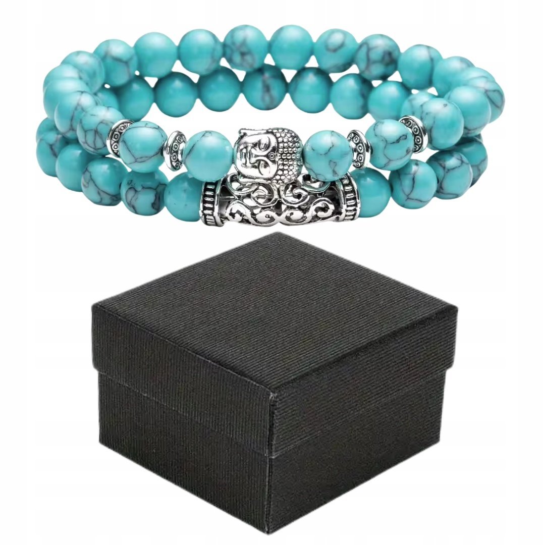 Zestaw 2 Bransoletek Turkusowych z Kamieni Ozdobnych Unisex w Pudełku