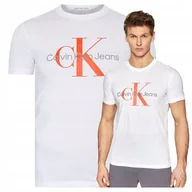 Koszulki męskie - Calvin Klein Koszulka T-shirt Bawełniany Bluzka Biała Męska CK Ładny r. L - miniaturka - grafika 1