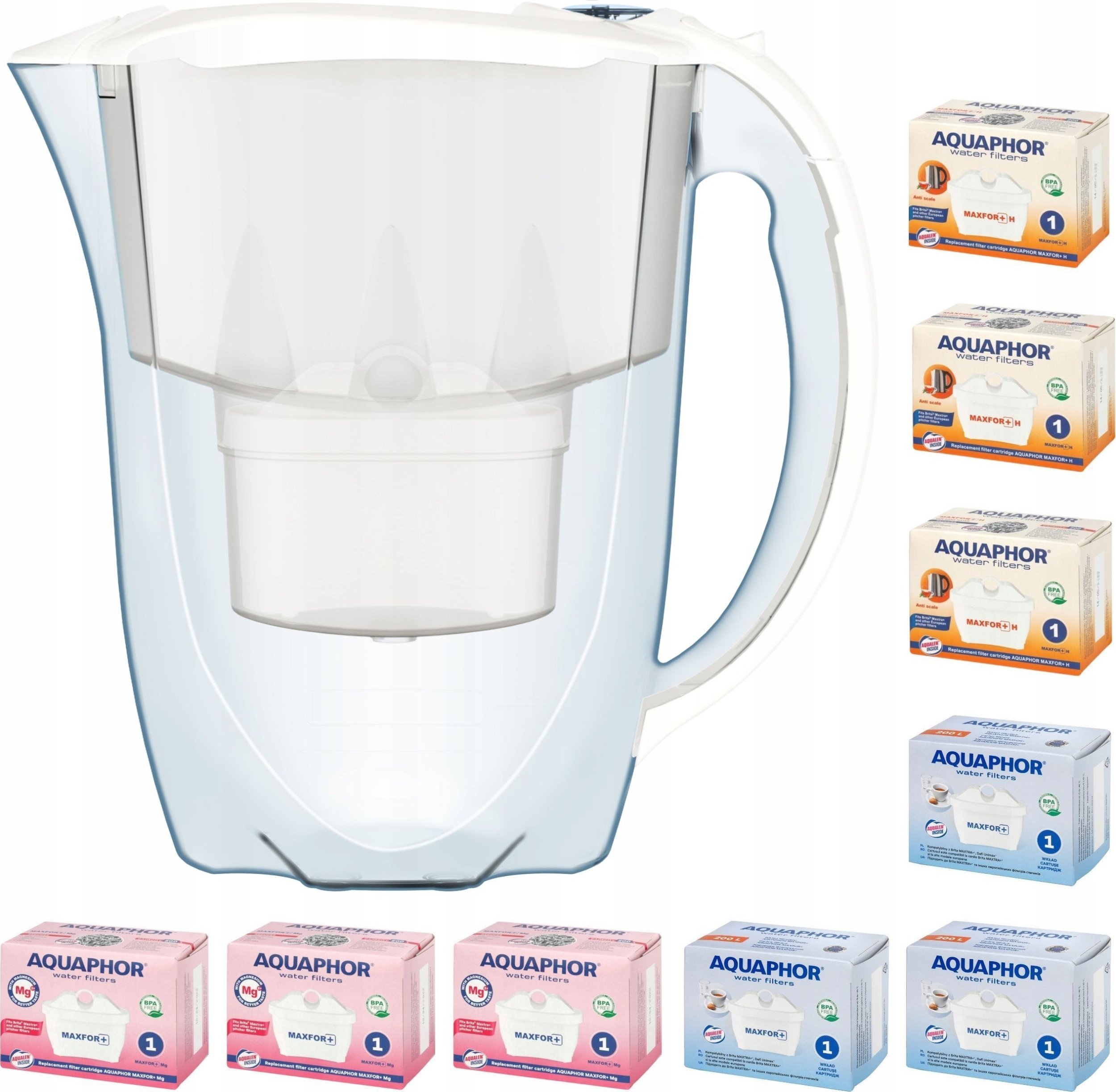 Dzbanek filtrujący Aquaphor Amethyst 2,8l + 9 wkładów 3 + 3H + 3Mg, biały