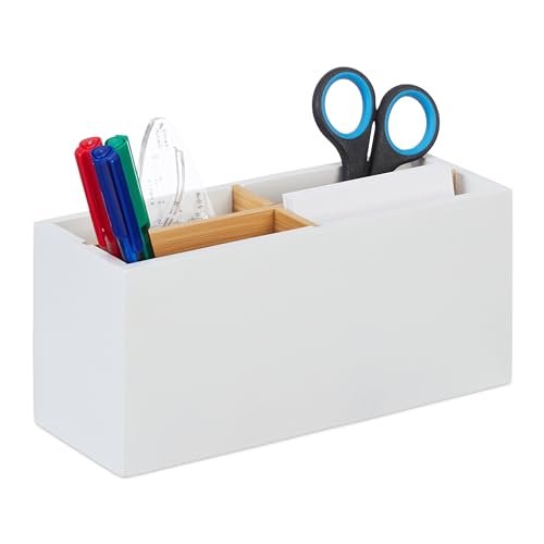 Relaxdays Organizer na biurko, bambus, 4 przegródki, na artykuły biurowe i kosmetyki, pojemnik na długopisy, wys. x gł.: 8 x 21 x 9 cm, biały