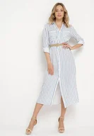 Sukienki - Biało-Niebieska Sukienka Midi w Koszulowym Stylu z Lnem i Paskiem z Klamrą Egogia - miniaturka - grafika 1