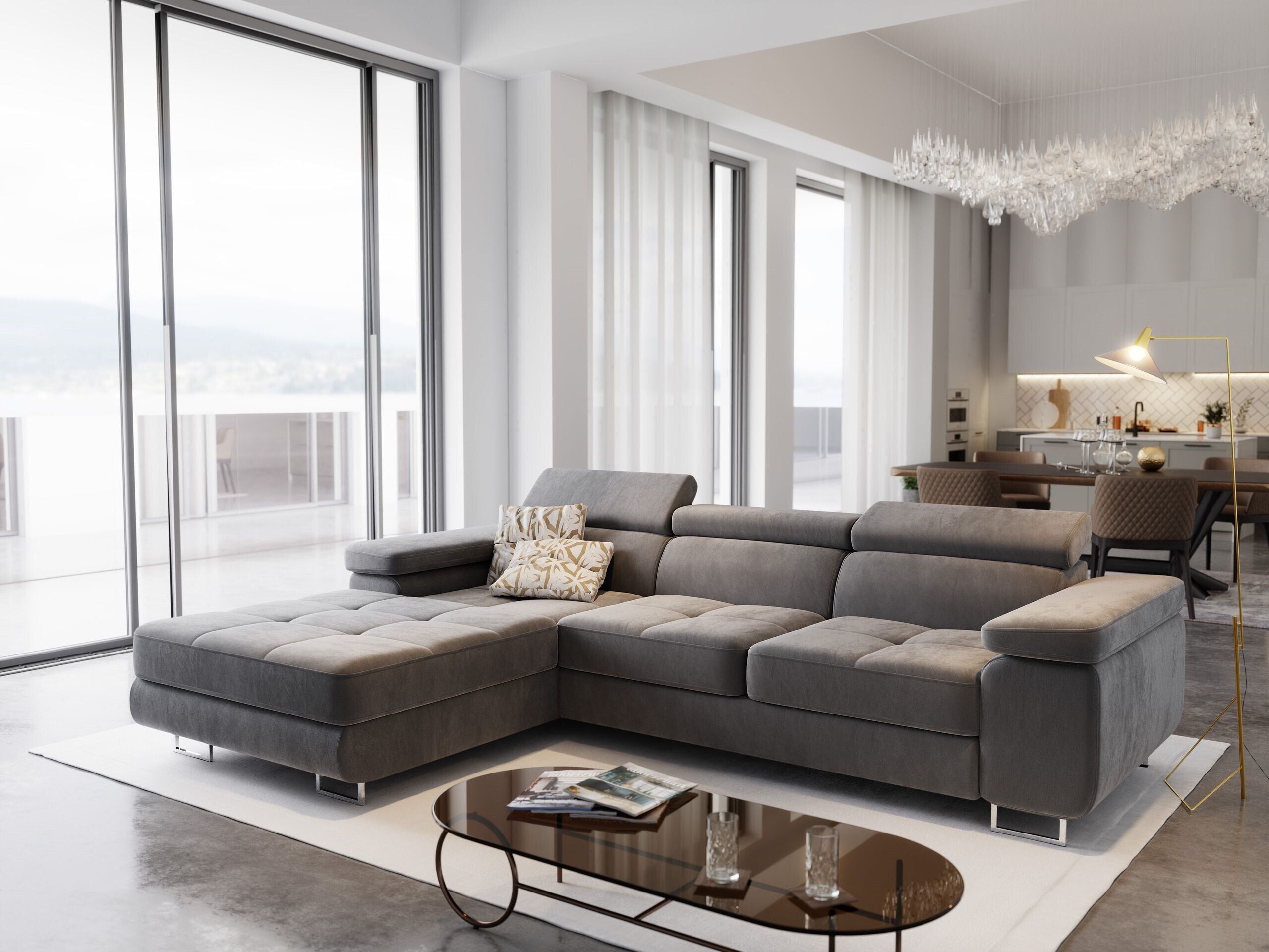 Masseno Narożnik ELMA L-S z funkcją spania i pojemnikiem na pościel Kształt L, Rozkładana sofa, Rogówka - Szary, MONOLITH 85