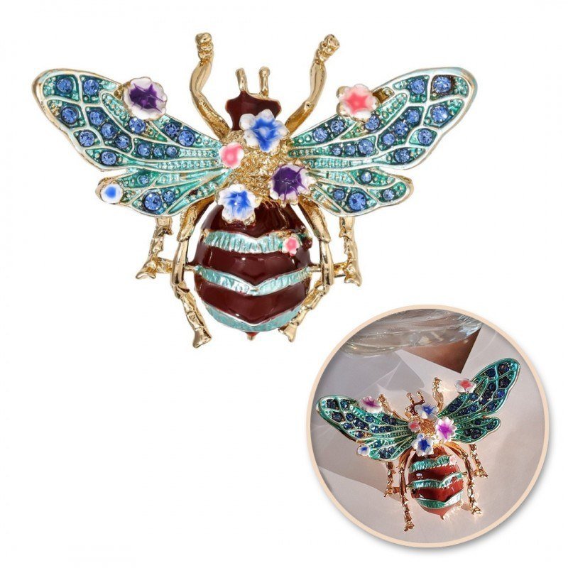 Broszka Ozdobna Kryształki Turkusowy Chrabąszcz Kwiaty Bz189