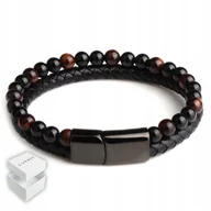 Bransolety męskie - SKÓRZANA BRANSOLETKA MĘSKA CZARNA SKÓRA KORALE - miniaturka - grafika 1
