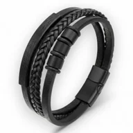 Bransolety męskie - Bransoletka męska skórzana czarna stal 316L magnetyczna 21cm - miniaturka - grafika 1