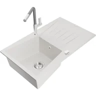 Zlewozmywaki z baterią - Mexen Cesar zlewozmywak granitowy 1-komorowy z ociekaczem i baterią kuchenną Flora, biały - miniaturka - grafika 1