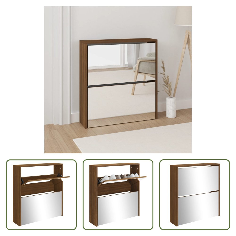 The Living Store Szafka na buty z lustrem 2 przegrody Brązowy dąb 63x17x67cm