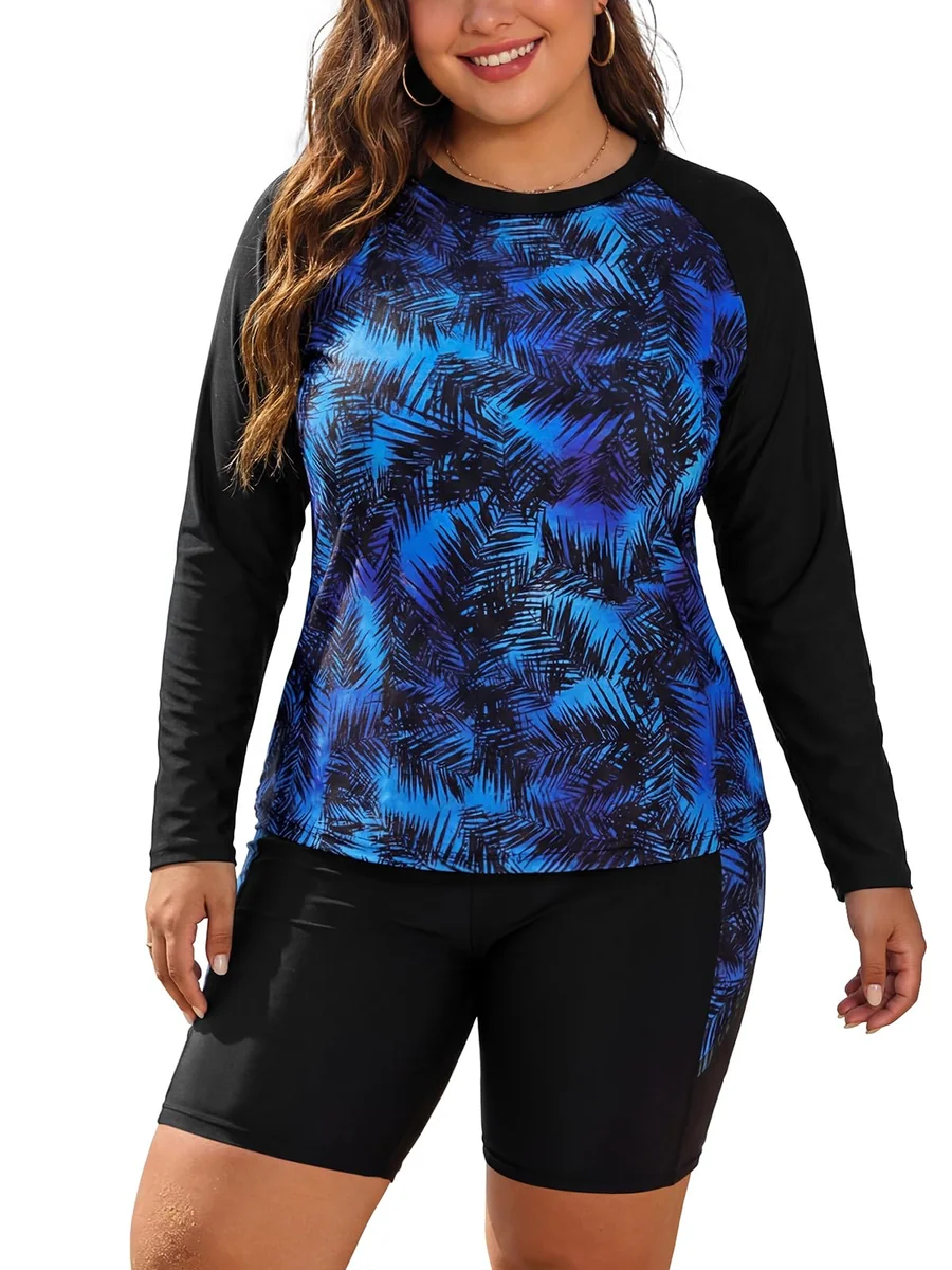 Damski kostium kąpielowy dwuczęściowy z długim rękawem plus size 2XL.
