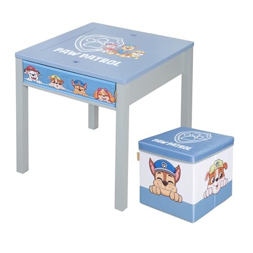 roba Zestaw do siedzenia dla dzieci Paw Patrol - Stół z odwracalnym blatem + taboret dla dzieci od 18 miesięcy - Meble do siedzenia z motywem psów z kreskówek - Drewno szare/niebieskie