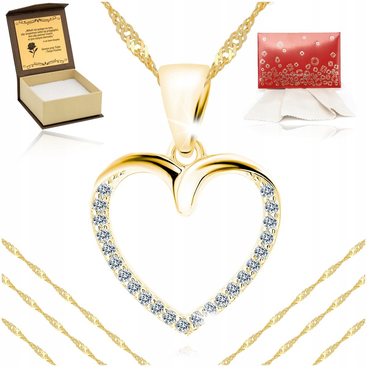 Piękny Naszyjnik Damski Serce Z Cyrkoniami Srebro 925 + Złoto 585 + Grawer