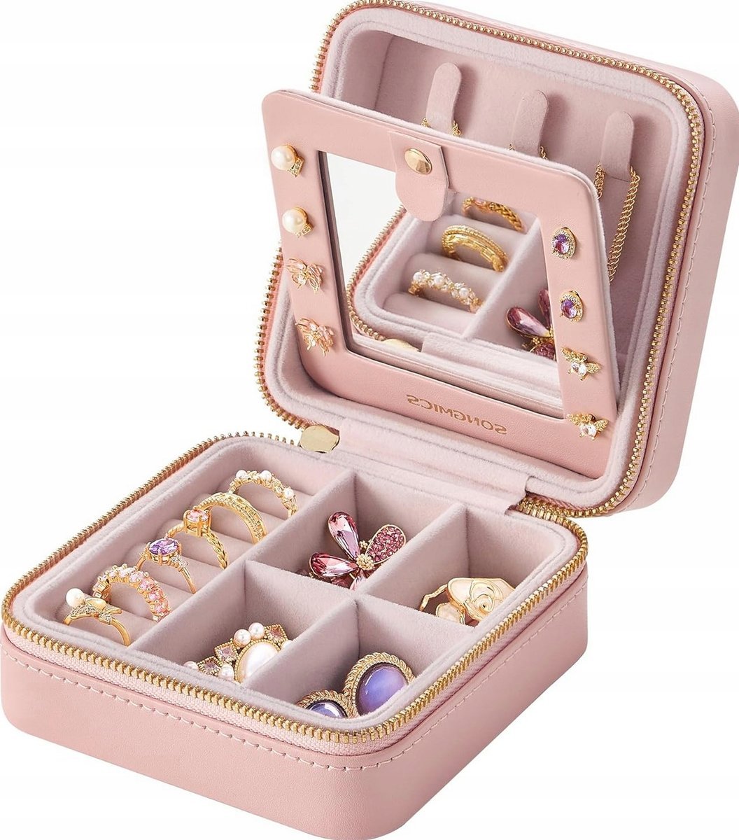 Szkatułka 11.4x11.4x5.5 cm organizer biżuterii zamykana podróżna lustro