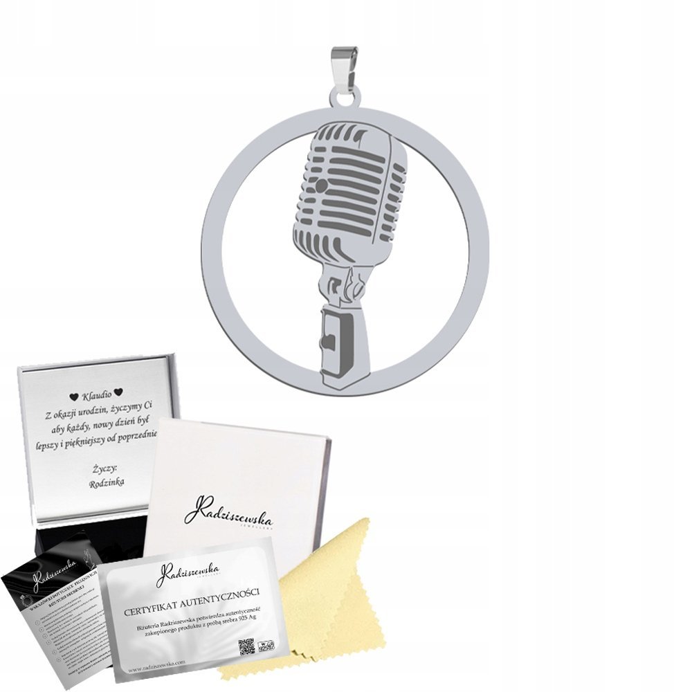 Zawieszka Srebrna Mikrofon 925 Prezent dla Muzyka GRAWER DEDYKACJA GRATIS