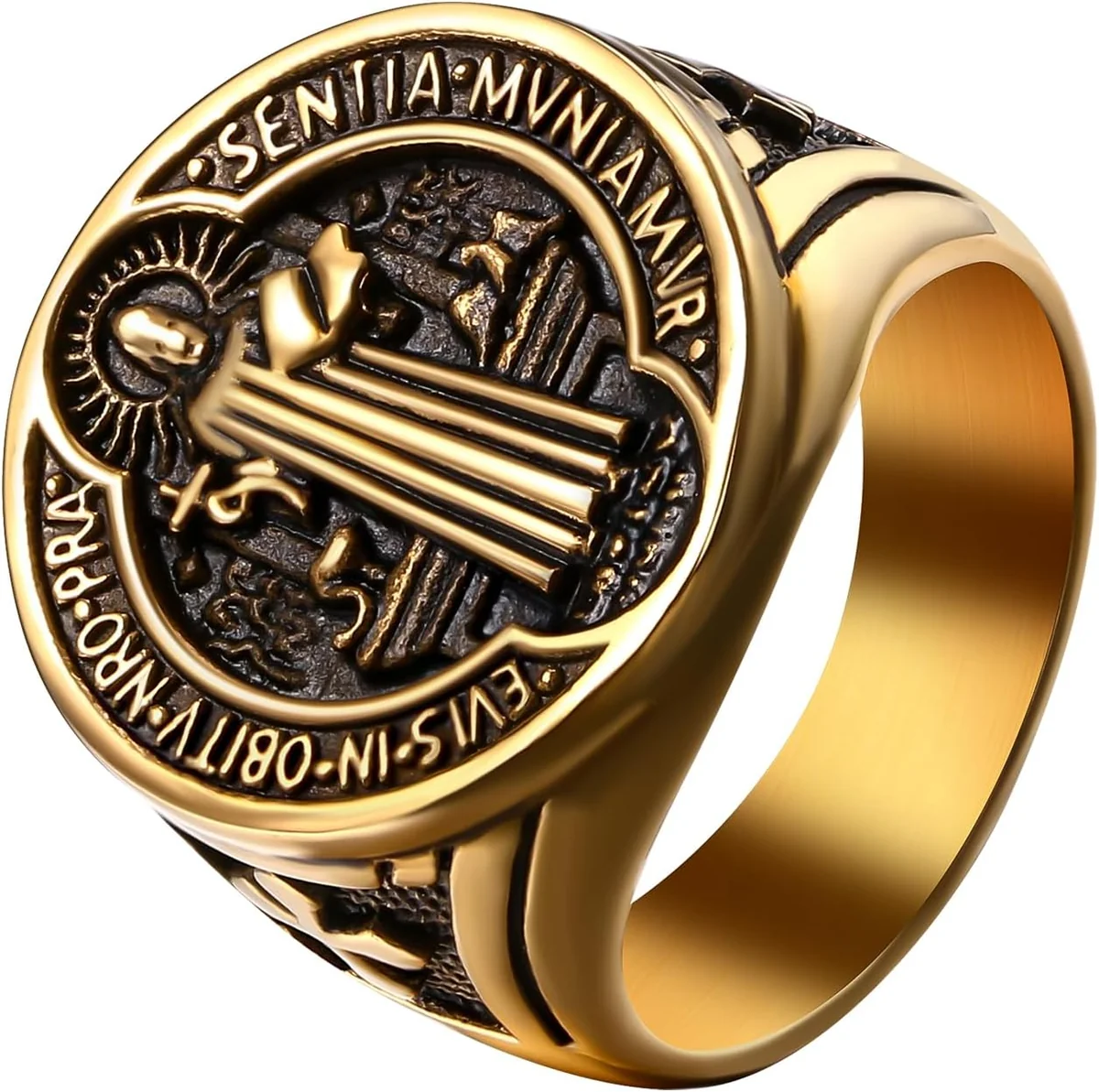 SYGNET OKRĄGŁY MĘSKI STAL SZLACHETNA ZŁOTY RELIGIJNY AMULET KRZYŻ RETRO