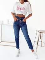 Spodnie damskie - JASNE SPODNIE JEANSOWE MOM FIT Z GUZIKAMI I WYSOKIM STANEM- GRANATOWE - Olika - miniaturka - grafika 1
