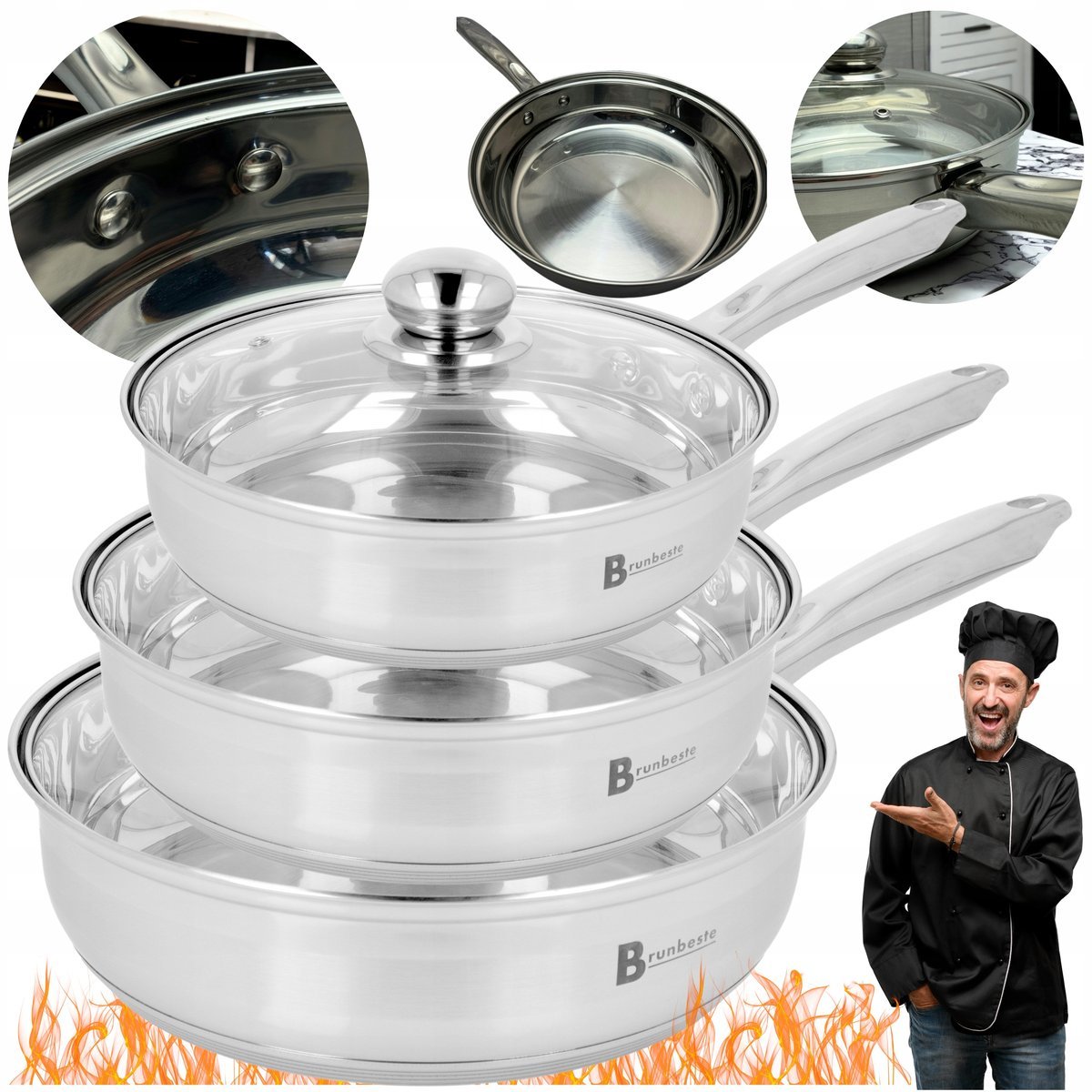 ZESTAW PATELNI STAL NIERDZEWNA + POKRYWA Patelnia DO GASTRONOMII 20,24,28cm