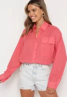 Koszule damskie - Ciemnoróżowa Bawełniana Koszula z Dłuższym Tyłem z Ozdobną Kieszonką i Gumką Ralena - miniaturka - grafika 1