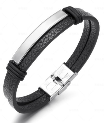 Bransoletka męska skórzana czarna stal srebrna 21cm