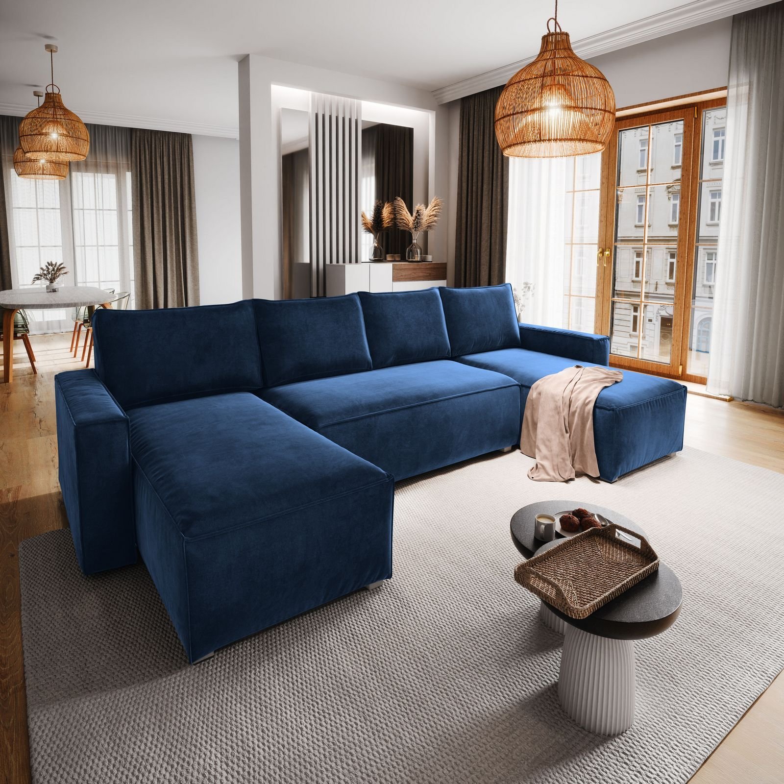 Masseno Narożnik DENI z funkcją spania i pojemnikiem na pościel Kształt U, Rozkładana sofa, Rogówka - Niebieski, MONOLITH 77